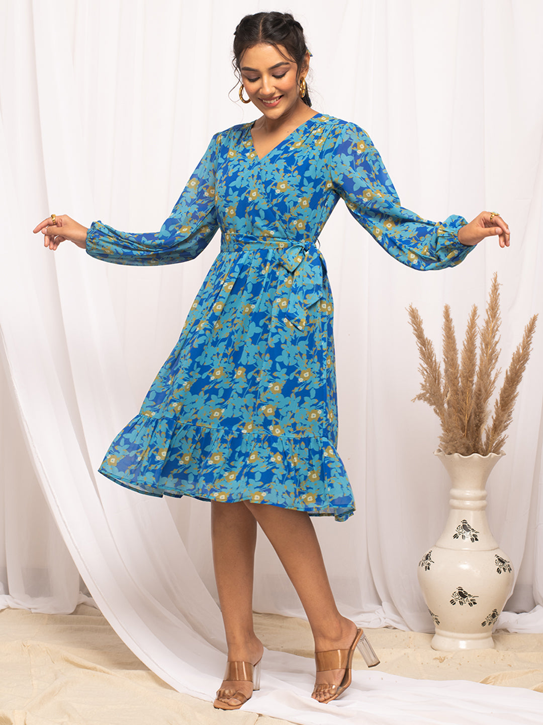 FIORRA Women's Sky Blue Georgette Floral Printed  Dress